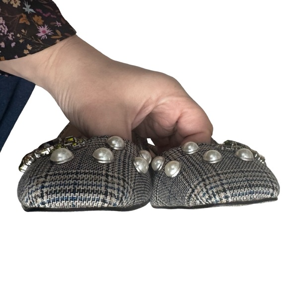 J. Crew Glen Plaid Embellished Block Heel Pumps Pearls Jeweled Square Toe - Picture 6 of 14